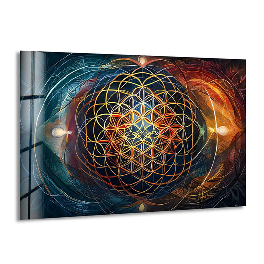 Golden geometric spirals contrast vibrantly with deep blues and fiery oranges in this decorative wall art.