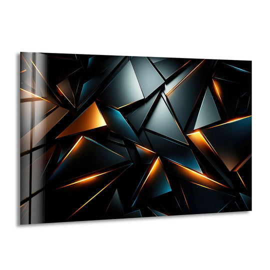 Sharp, angular shards of black glass with glowing golden edges seem to explosively burst outward in this dynamic hanging wall art.