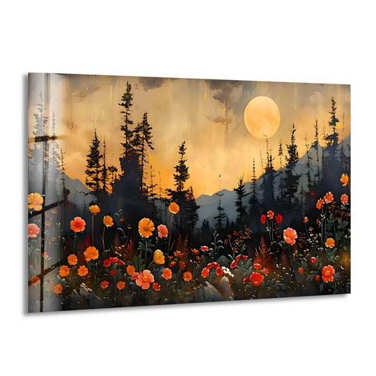 The artistic 'Full Moon & Flowers' glass wall art evokes a sense of peace through its stunning home decoration, blending warm sunrise hues with cooler forest shadows.
