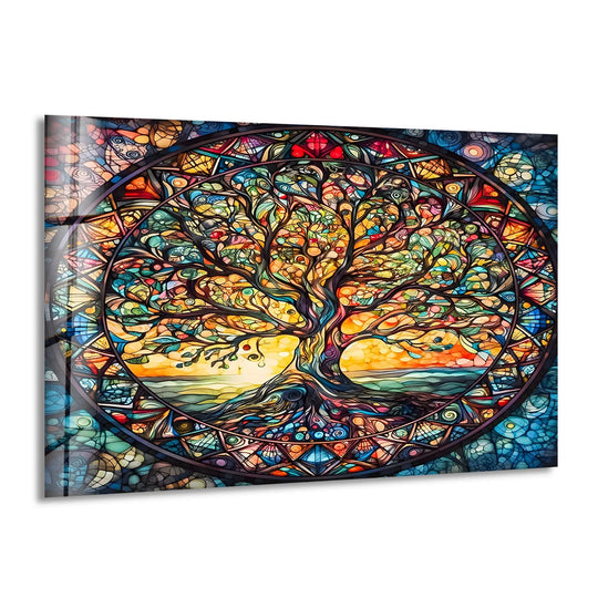 Striking color contrast highlights the vibrant stained glass wall art, making this tree of life image a stunning piece of home decor.
