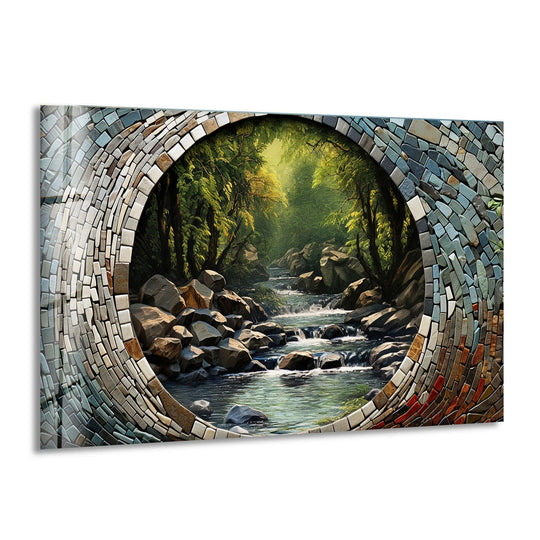 Forest and stones glass wall art features a serene landscape photo and river sceneForest scenery enhances this captivating glass wall art adding natural beauty for home decor