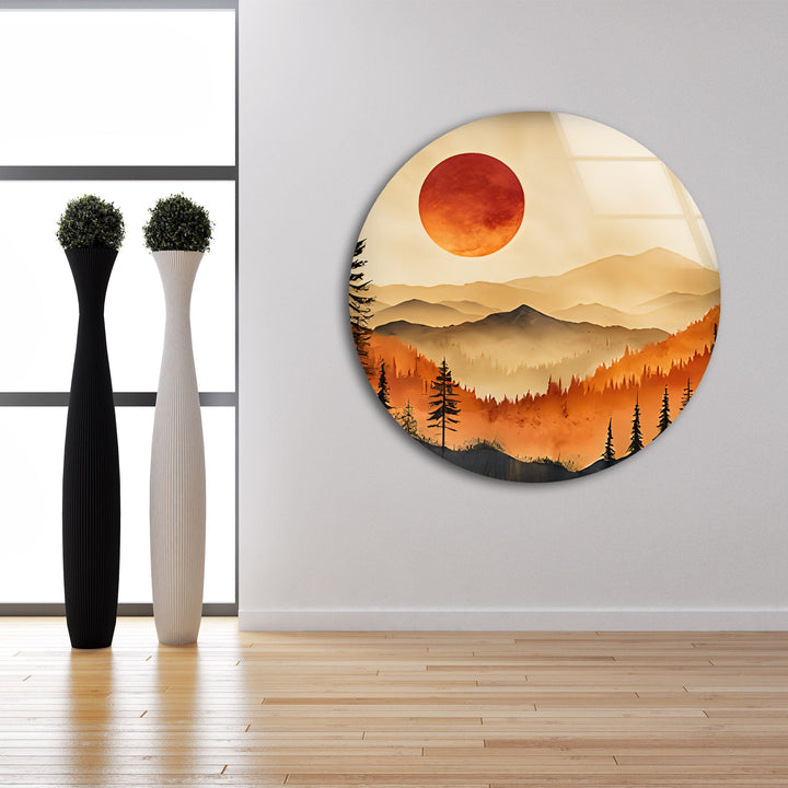Sunset Mountain Landscape Glass Wall Art – A Tranquil Nature Escape
