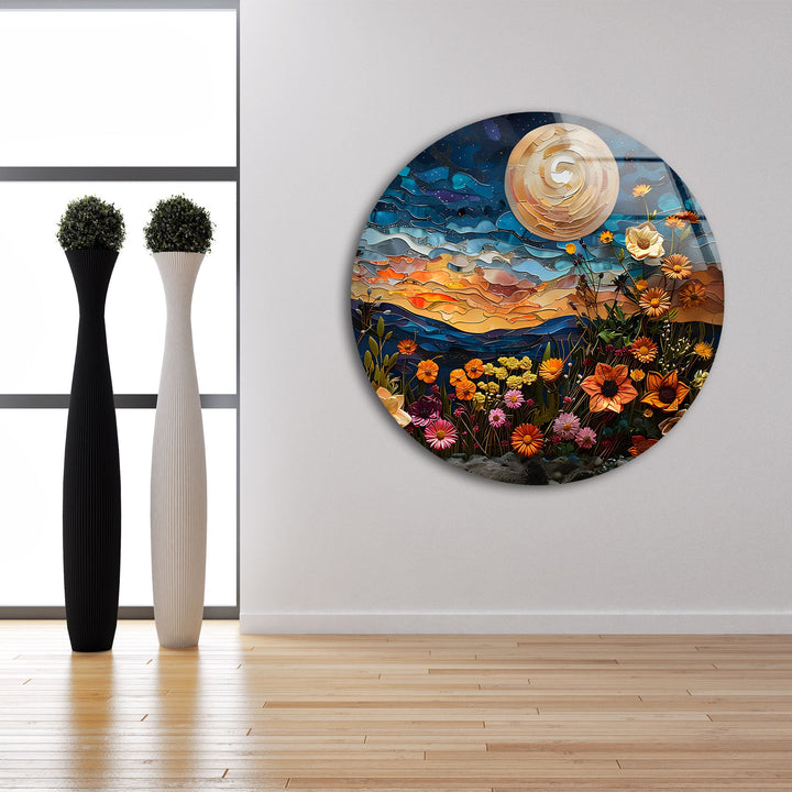 Oil Art Night Sunset & Flowers Glass Wall Art print on glass, glass printed photos

