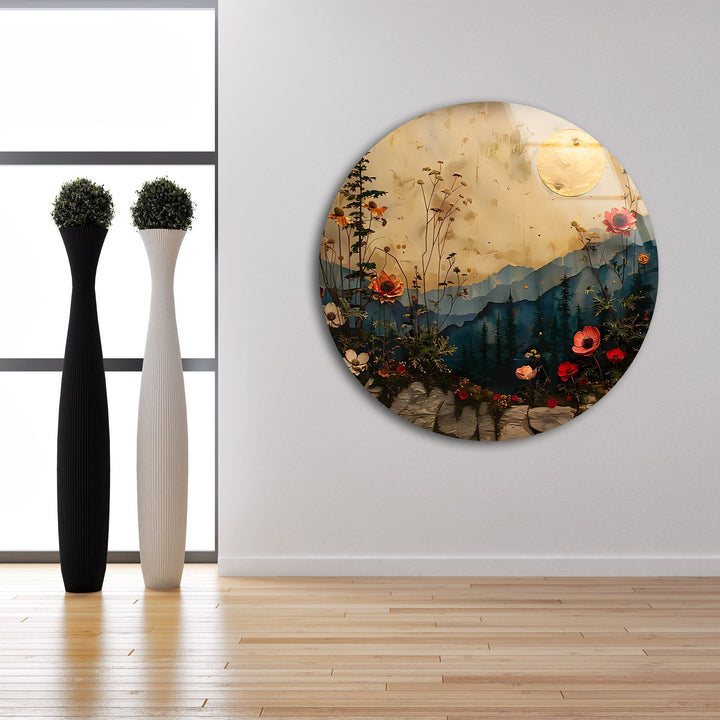 Flowers & Sunset Glass Wall Art glass art painting, glass art for the Wall
