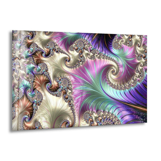 Intricate fractal spirals in vibrant pinks, greens, and purples create a mesmerizing unique modern wall decor on glass.