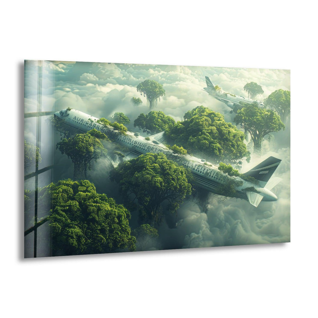 Surreal glass wall art featuring an abandoned airplane reclaimed by nature.
