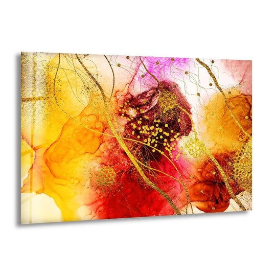 Stunning glass wall art with vibrant, rich colors and gold accents, showcasing exceptional material quality.