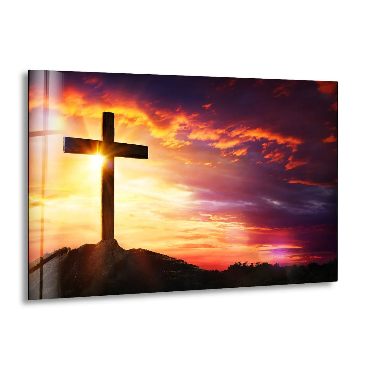 Depicting the darkest area below the cross silhouette, the In Christ Ministry glass wall art is beautiful hanging wall art with its contrasting vibrant sunset.