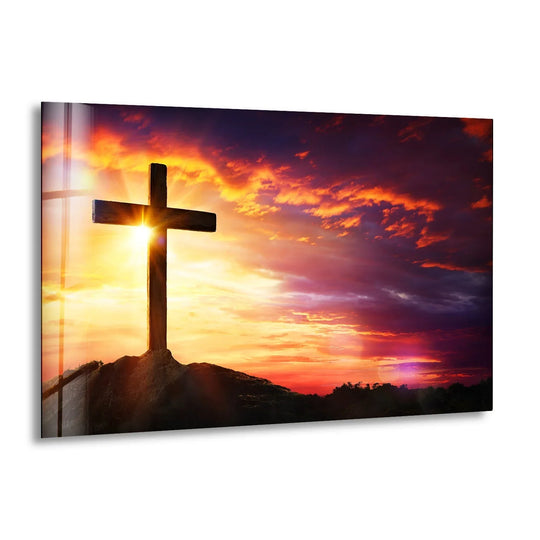 Religion glass wall art sunlit cross and sunset sky and In Christ Ministry art and sunset cross wall art
