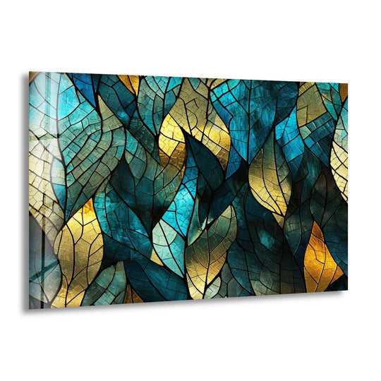Stained glass wall art mosaic leaves in blue and gold is green leaves wall decor and stained glass mosaic wall art