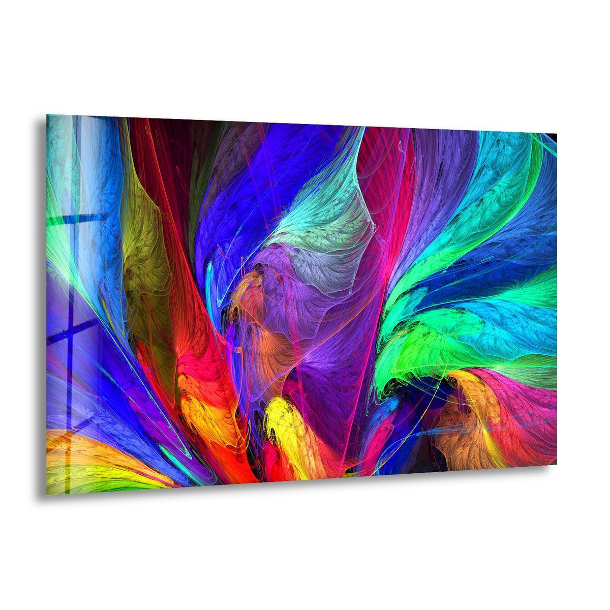 Abstract glass wall art prints showcasing a vibrant, neon-like focal point of swirling, colorful fractal patterns.