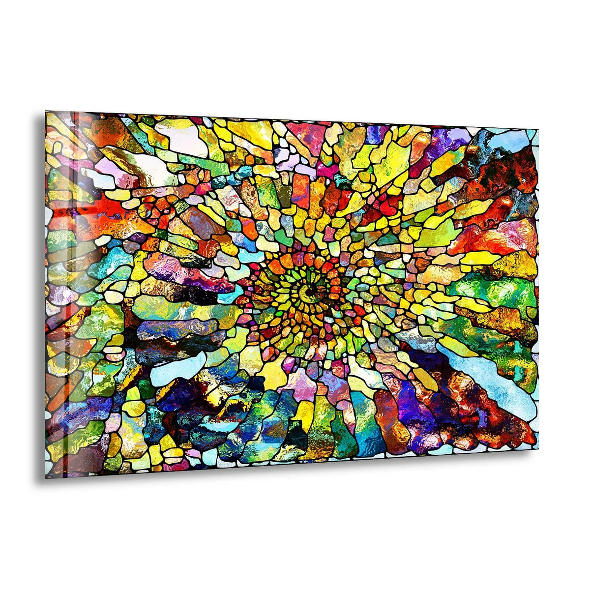 This stained glass home decor displays intricate, layered colors in a spiraling, kaleidoscopic design.