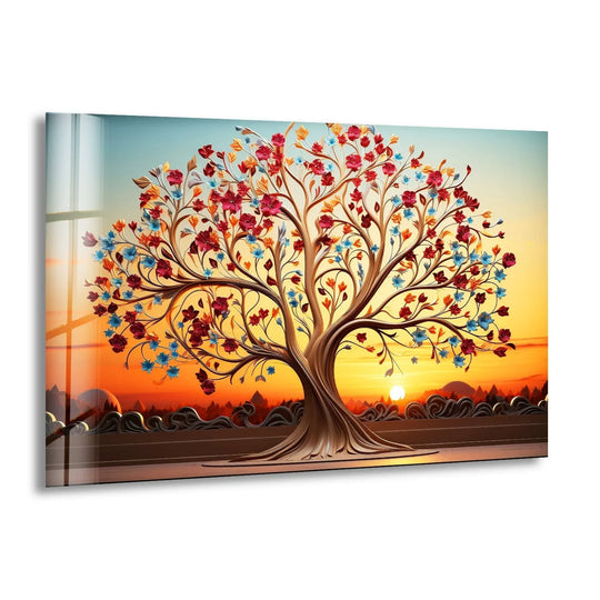 Flower glass wall art colorful tree at sunset and glass wall art decor creating warm elegance with vibrant timeless art