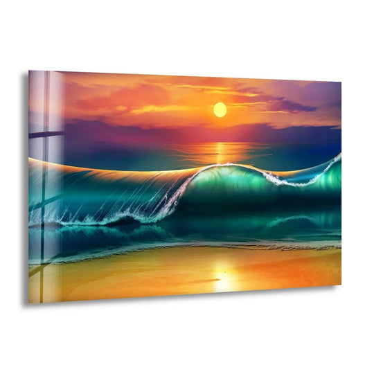 Landscape glass wall art golden sunset crashing wave and big waves glass wall decor and coastal beauty for home decoration