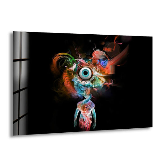 Intricate fractal designs and a vivid eye create a layered, ethereal vision in this cool street style glass wall art.