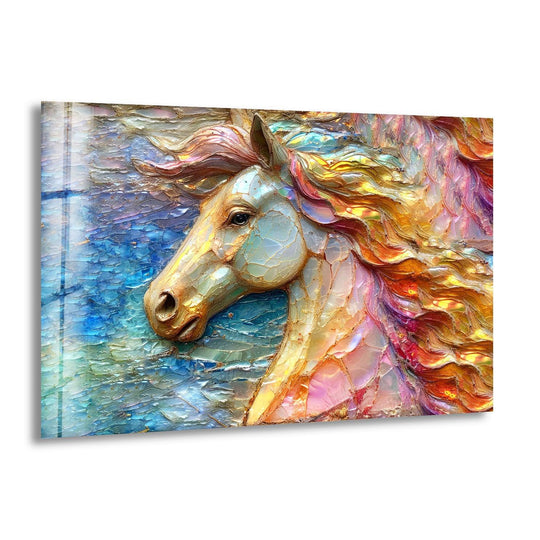Abstract glass wall art showcases a horse transitioning from ocean blues to fiery sunset hues.