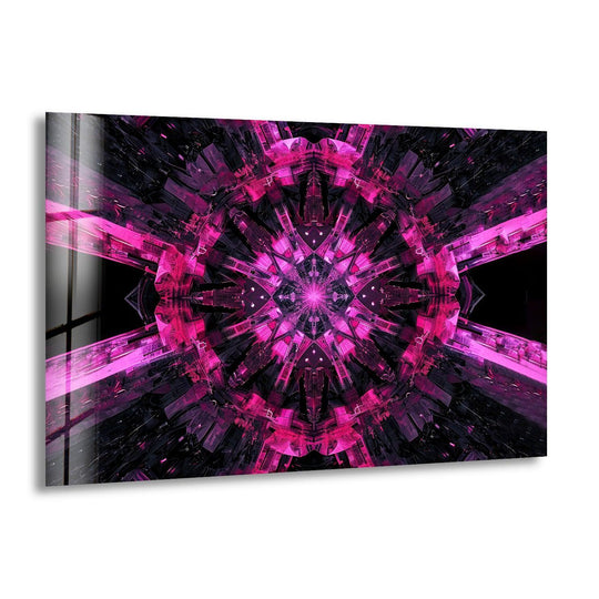 Intricate purple geometric patterns create a kaleidoscopic effect on this detailed glass art.