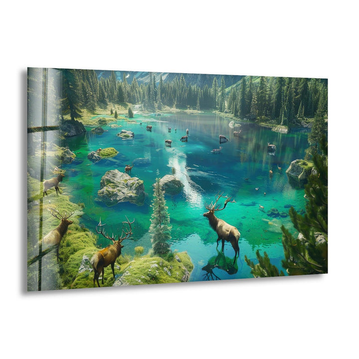 A breathtaking wildlife landscape glass wall art featuring a mystical forest lake with majestic deer.
