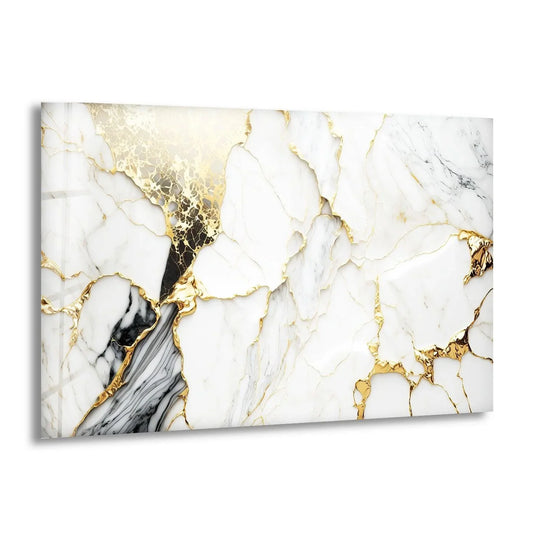 Loudest element is the abstract pattern of gold veins and black marble on this glass art.