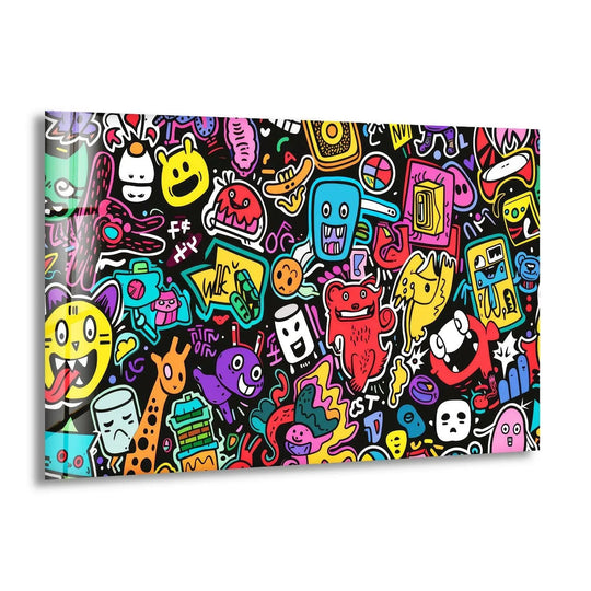 Diverse, cartoony characters seem to dance and tumble across this vibrant decorative wall art.