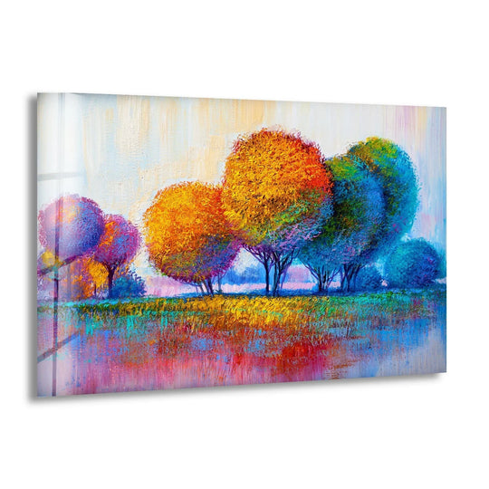 Colorful autumn trees and landscape defines this flower glass wall art and brings vivid colorful forest beauty to enhance any room