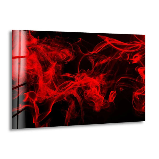 Vibrantly saturated red smoke swirls intensely against a deep black background on this hanging wall art.