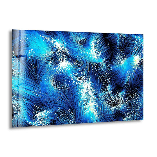 Explosion of electric blue tendrils and white light create a dynamic abstract glass wall art.