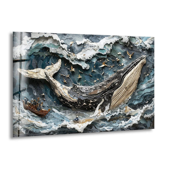 Majestic glass printing showcases a whale's adventure amidst deep blue oceanic hues and stark white foam.