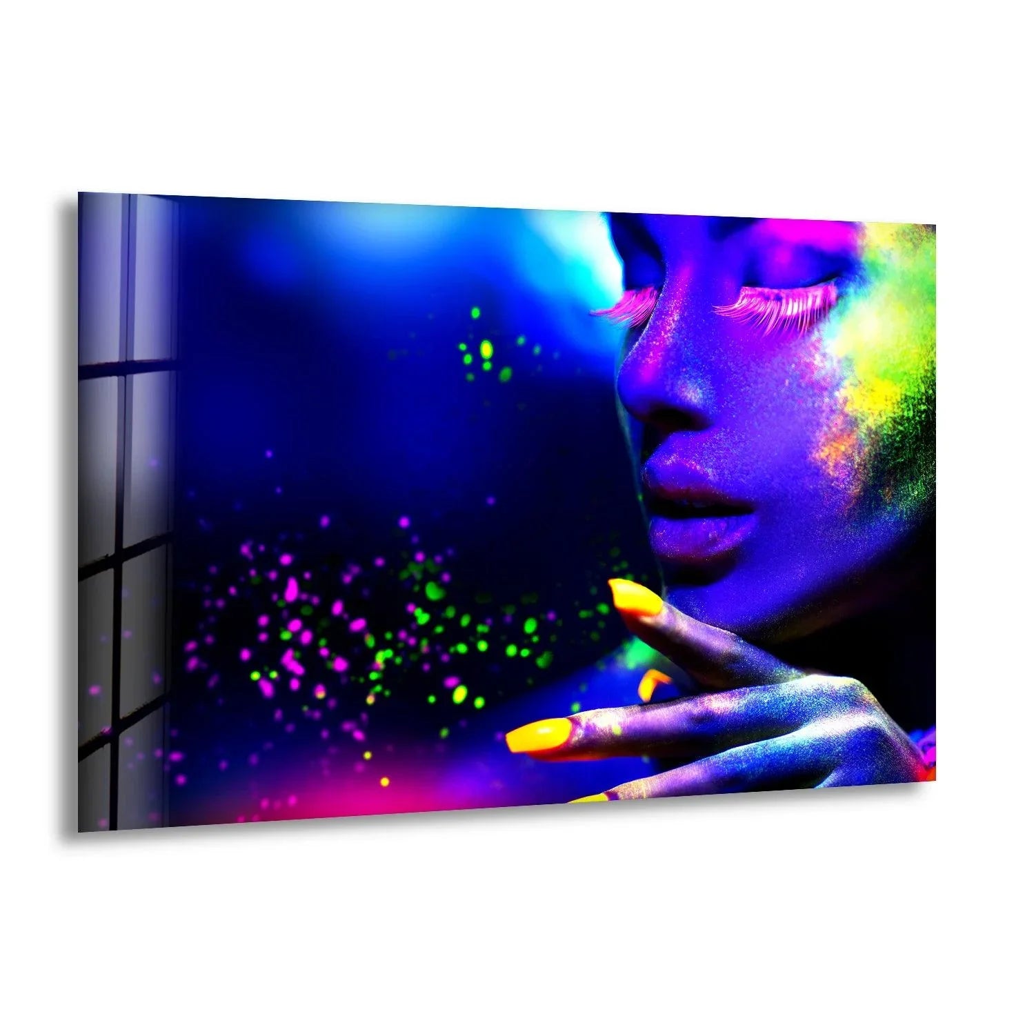 Woman in neon light glass wall art, featuring a woman's face and hand illuminated in vibrant colors, as home decoration.