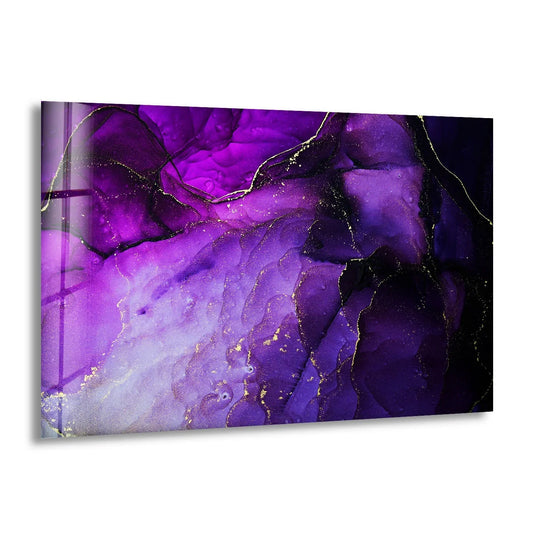 Luxurious purple abstract glass wall art decor features shimmering gold veins on tempered glass for exceptional material quality.
