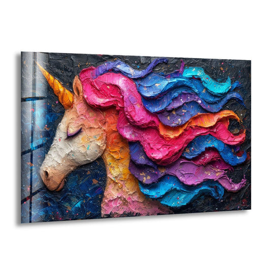 A majestic rainbow unicorn on glass art is set against a dark, textured background, creating a striking use of negative space.