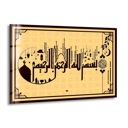 Calligraphy style glass wall art featuring a mosque design and black details plus faith inspired design and religious home decor