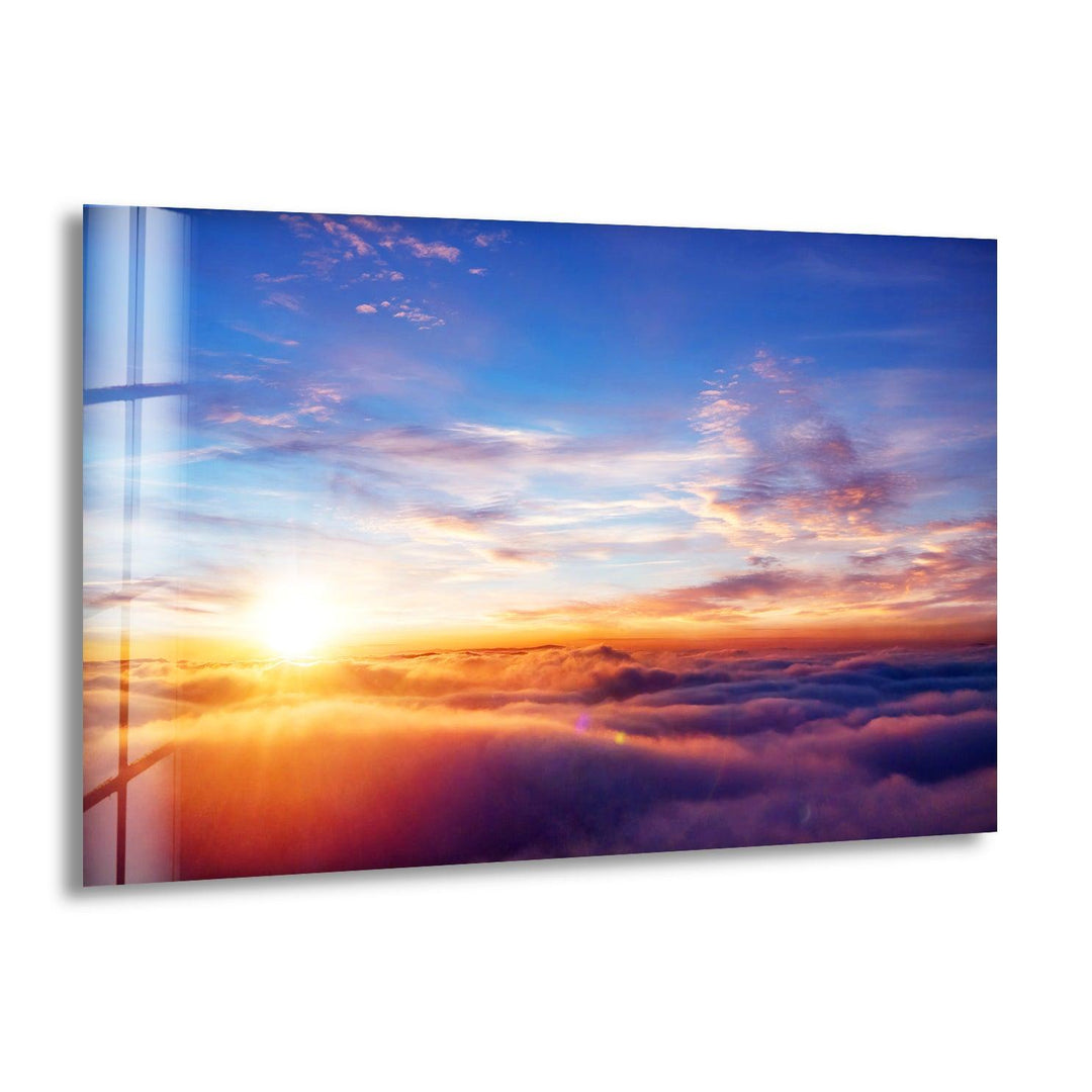 Above the Clouds Glass Wall Art – A Stunning Sunrise Over the Horizon
