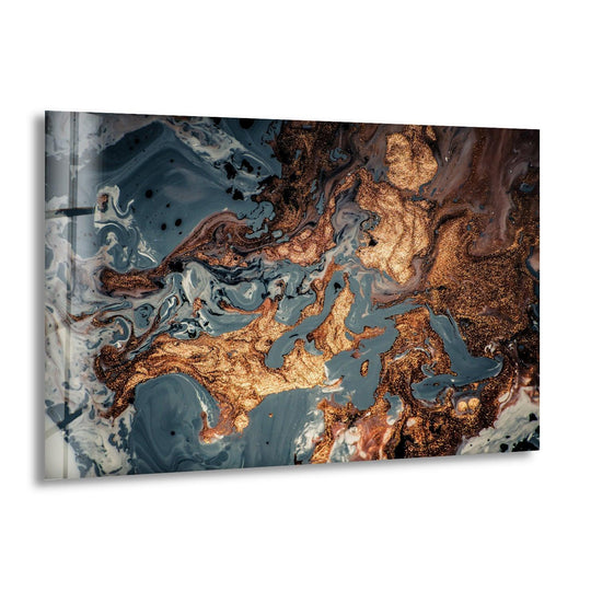 A rich layering effect of swirling gold and navy ink creates a mesmerizing abstract glass wall art.