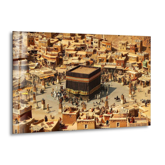 Religion Mecca Islamic Glass Wall Art shows black temple on a sunny day and sacred Islamic artwork and Kaaba wall decor