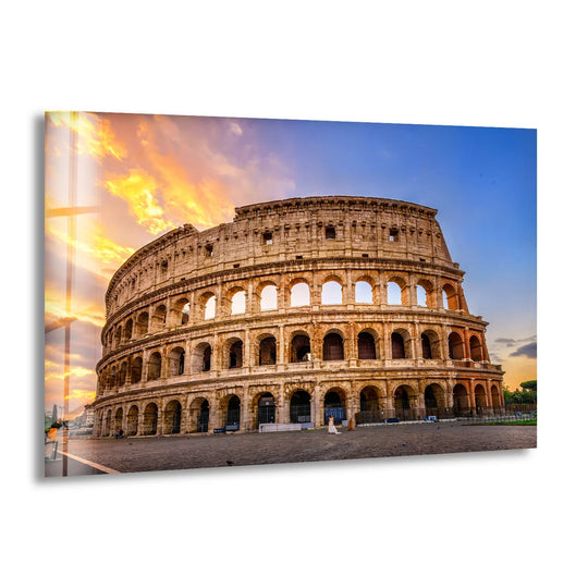 Suggesting the hustle and bustle of ancient Rome, decorative wall art captures the Colosseum's timeless beauty as the sun sweeps across its facade.