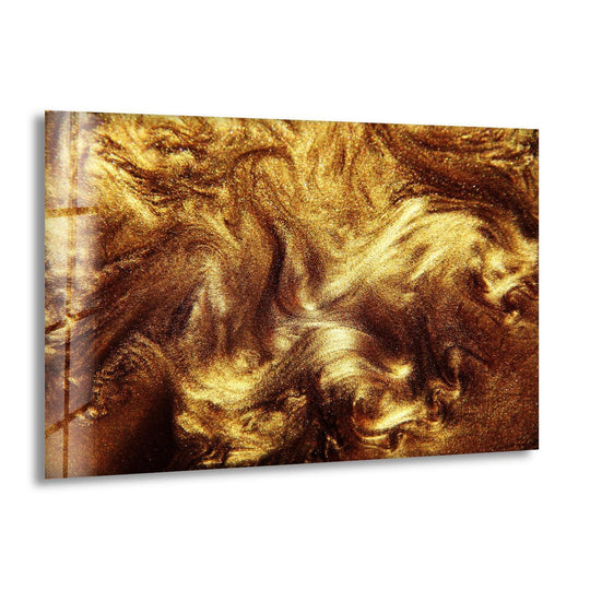 Close-up view of gold alcohol ink abstract art from glass, showing the edge detail.