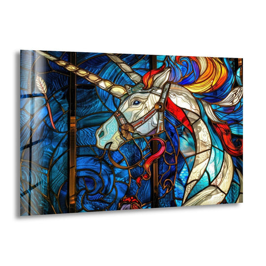 Stained glass wall art with zodiac horse motif in blues reds and gold plus horse wall art and stained glass decor
