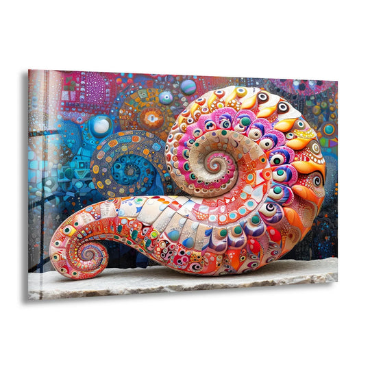 A vibrant, oversized snail shell crafted with a mosaic of colorful, eye-like patterns dominates this vivid glass printing.
