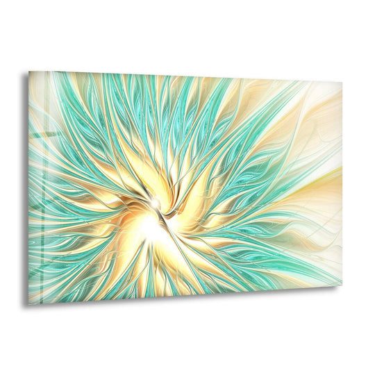 Glass wall art showcasing a radiant burst of aqua transitioning into a golden glow.
