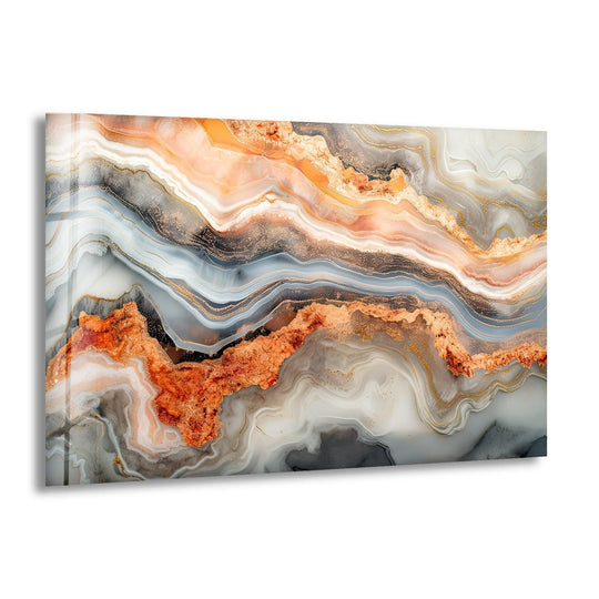 The mesmerizing visual rhythm of orange marble veins flows across this elegant glass printing.