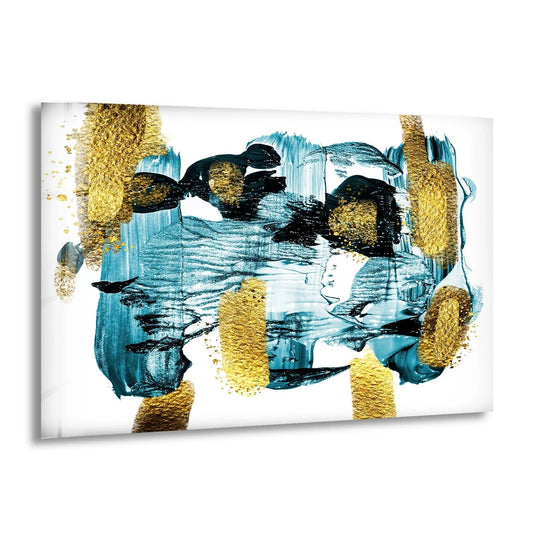 Abstract gold and teal brushstrokes create a textured layering effect on this unique glass wall art home decor.