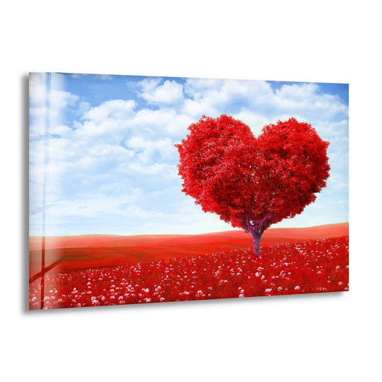 A romantic red heart tree in a vibrant field evokes feelings of love and tranquility as home decor.