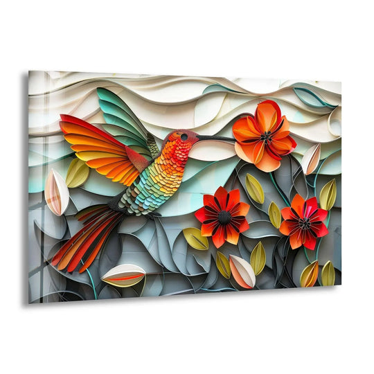 Bird and Flowers animal art shows a hummingbird and flowers and is a glass wall art featuring vibrant colors and stunning nature art for bird wall decor