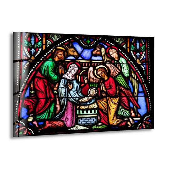 Religion glass wall art features Nativity Christ Window design and vibrant colors offering radiant Christian artwork and spiritual home decor