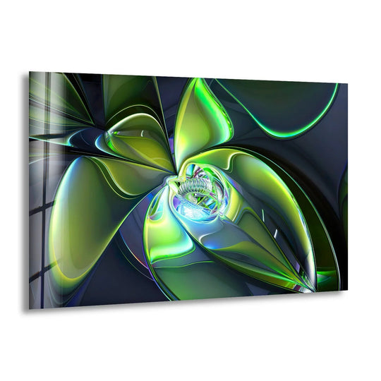 Green 3D fractal abstract glass wall art showcases a vibrant transition from emerald green to deep teal.