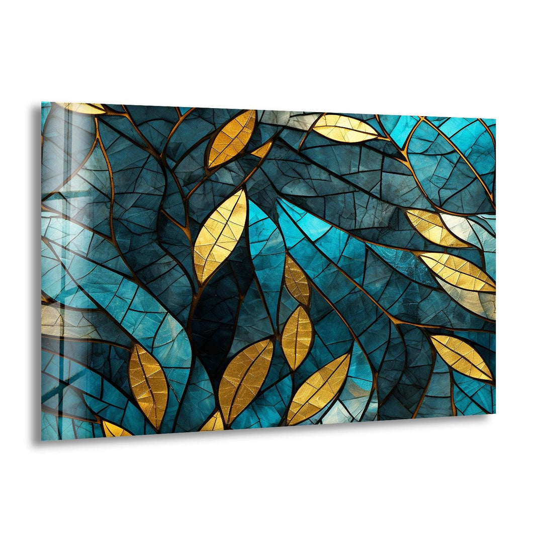 Blue & Gold Leaves Glass Wall Art print on glass, glass printed photos