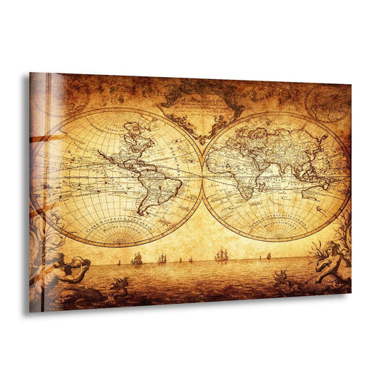 Layered vintage world map glass wall art showcasing intricate detail in unique modern wall decor.