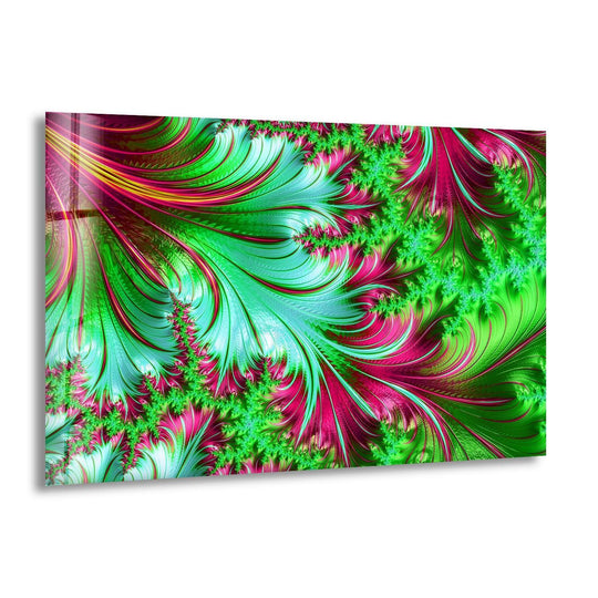 Vibrantly saturated art from glass showcases emerald green and fuchsia fractal patterns with a glossy sheen.