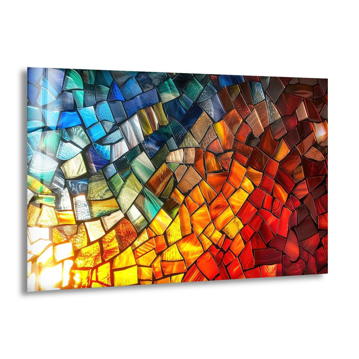Horizontal, rectangular mosaic design colored glass wall art features a mesmerizing pattern of tessellated shapes, creating some of the best glass art.